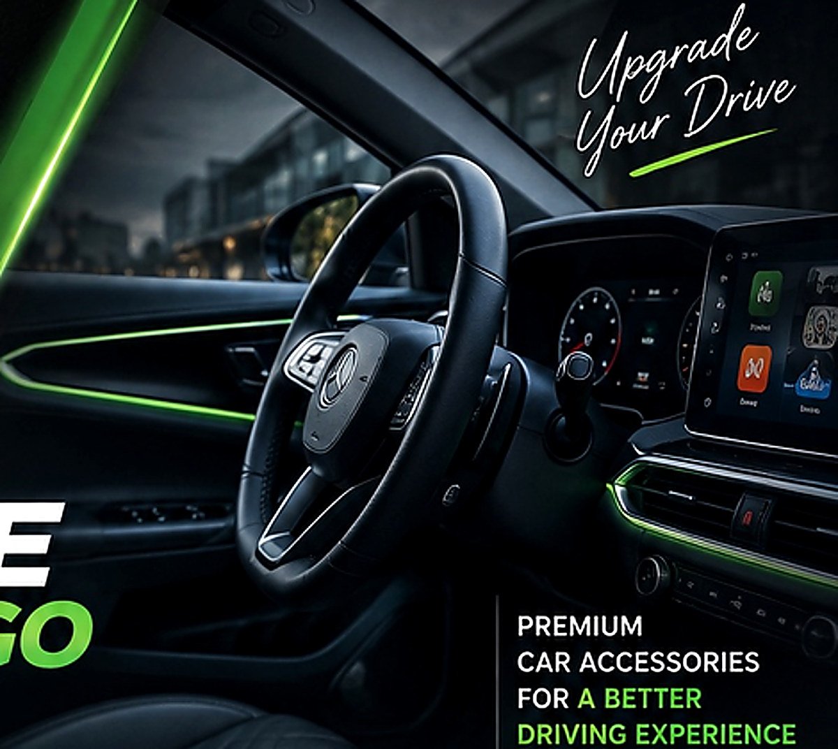 Premium car interior with green ambient lighting